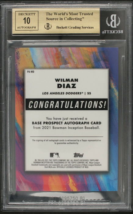 2021 Bowman Inception Wilman Diaz Autographs Gold /50 BGS 9.5 AUTO 10