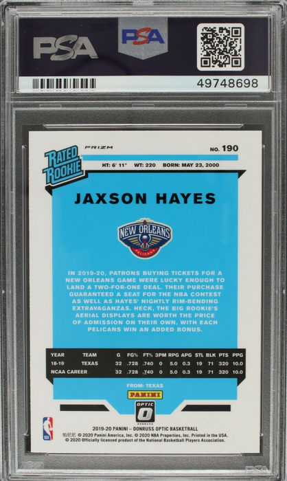 2019 Donruss Optic Jaxson Hayes Rated Rookie Silver Holo #190 GEM MINT PSA 10