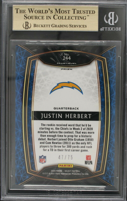 2020 Select Justin Herbert Prizm Blue /75 Rookie RC BGS 9.5