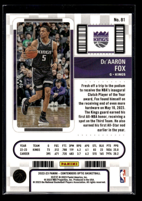 2022 Panini Contenders Optic De'Aaron Fox #81   Sacramento Kings NM-MT