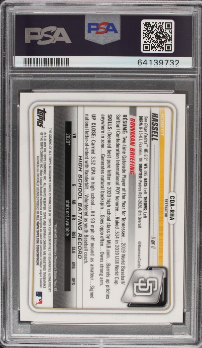 2020 Bowman Chrome Robert Hassell Refractor /499 AUTO PSA 10 GEM MINT