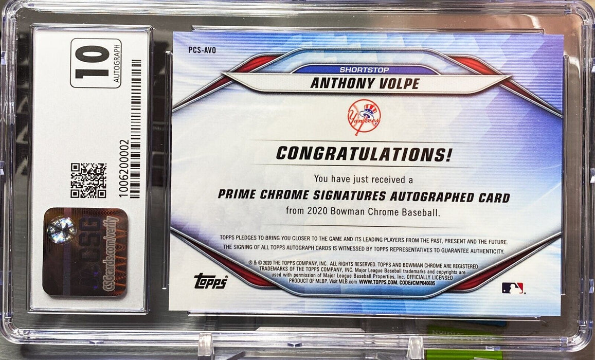 2020 Bowman Chrome Anthony Volpe Prime Signatures /25 Green Lbl CSG 9.5 AUTO 10