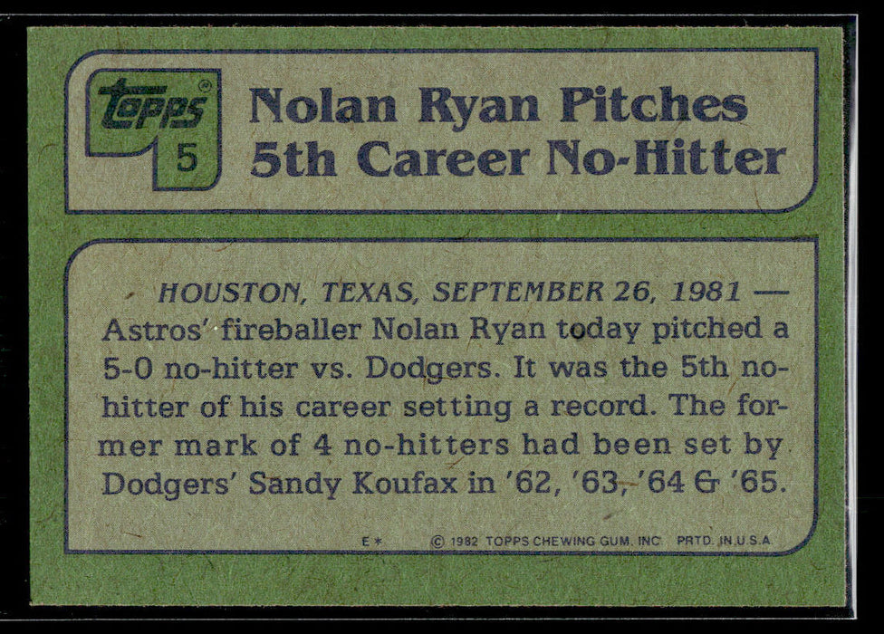 1982 Topps Nolan Ryan #5   Houston Astros VG-EX