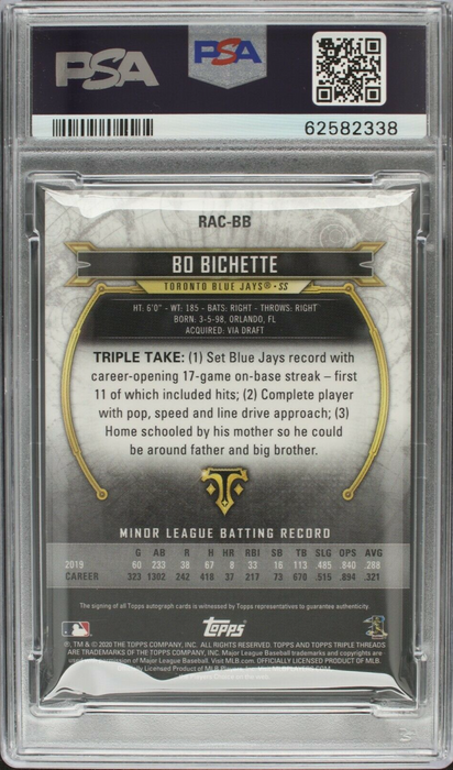 2020 Topps Triple Threads Bo Bichette Rookie Autographs RC AUTO /99 PSA 10