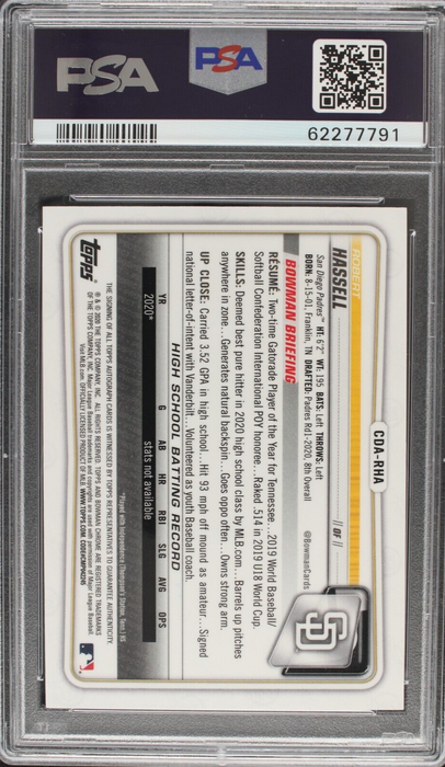 2020 Bowman Chrome Robert Hassell Autographs AUTO PSA 10 GEM MINT