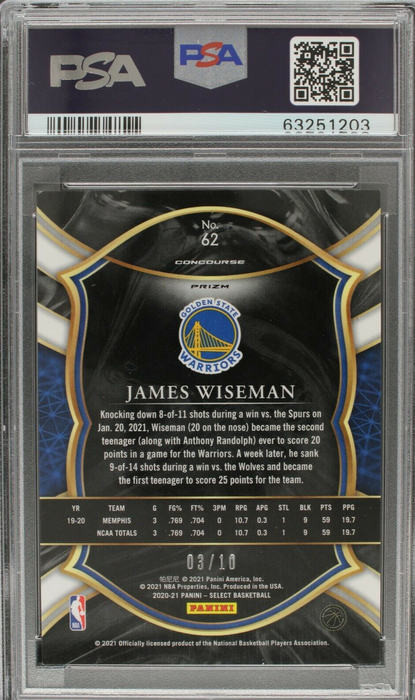 James Wiseman 2020 Select Concourse #62 Gold Prizm /10 PSA 9 MINT