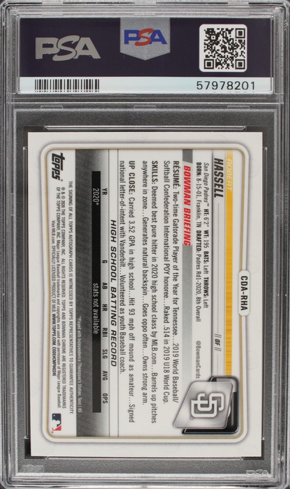 2020 Bowman Chrome Robert Hassell Autographs AUTO PSA 9 MINT