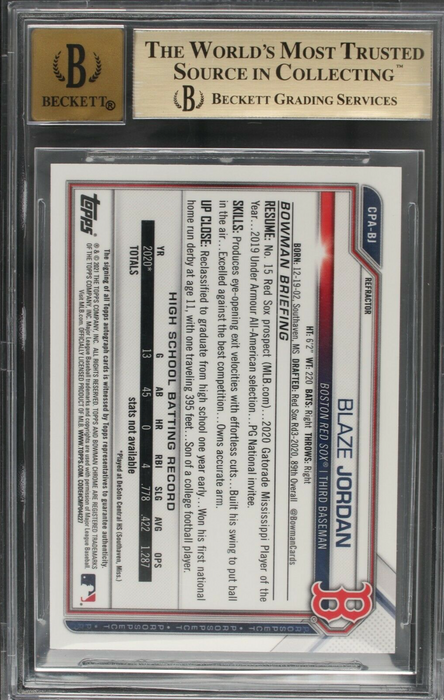 2021 Bowman Chrome Blaze Jordan Refractor /499 BGS 9.5 Gem Mint AUTO 10