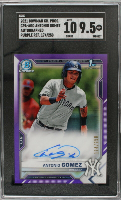 Antonio Gomez 2021 Bowman Chrome Purple Refractor /250 SGC 9.5 AUTO 10