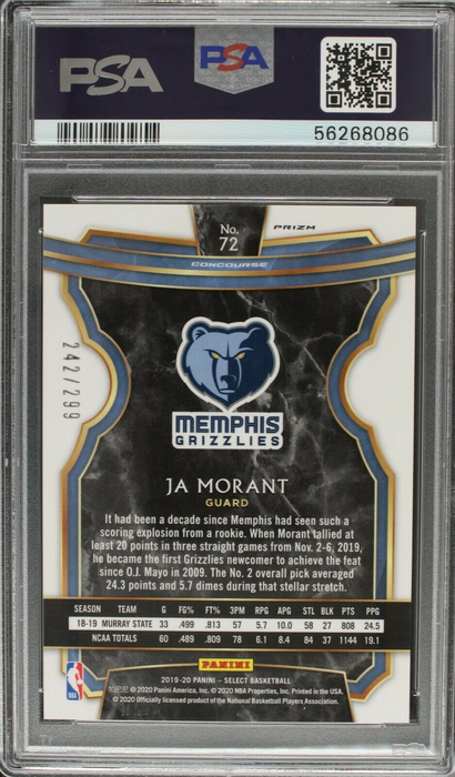 Ja Morant 2019 Select #72 Light Blue Prizm /299 Rookie RC PSA 10 Gem Mint