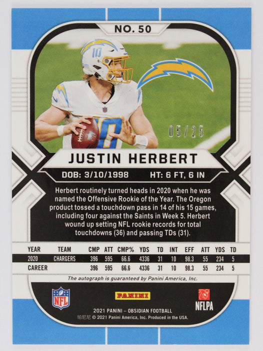 2021 Obsidian Justin Herbert #50 Silver Holo Foil AUTO /25