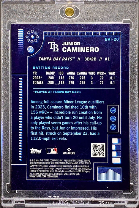 Junior Caminero ROOKIE RC REFRACTOR INSERT CARD CHROME RAYS w/HOLDER