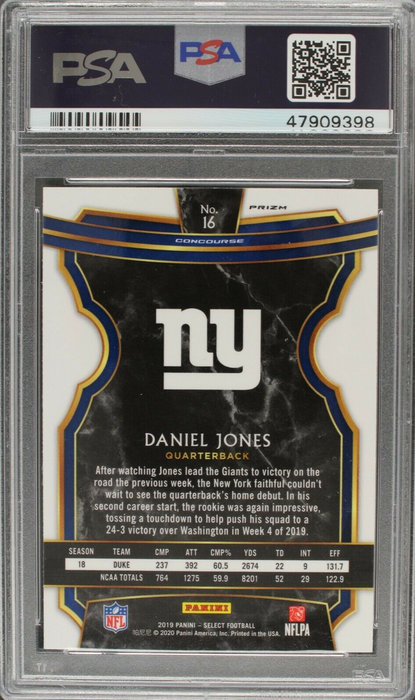 2019 Select Daniel Jones #16 Silver Prizm Concourse Rookie RC PSA 10