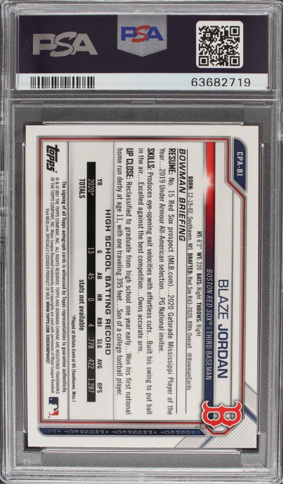 2021 Bowman Chrome Blaze Jordan Sparkle Refractor /299 PSA 10 AUTO 10