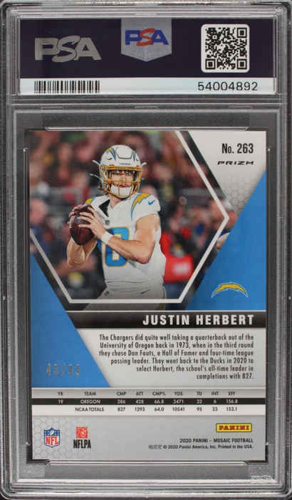 2020 Mosaic Justin Herbert  #263 NFL Debut Rookie RC /99 PSA 10 Gem Mint