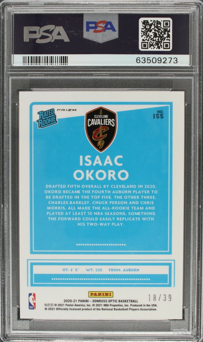 2020 Donruss Optic Isaac Okoro #155 Rated Rookie RC /39  PSA 9 (POP 2)