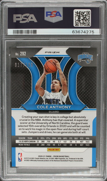 2020 Prizm Cole Anthony Blue #292 Rookie RC /199 PSA 9