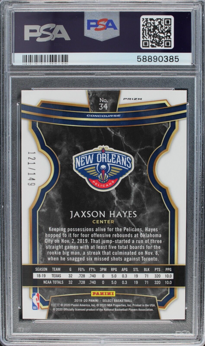 2019 Select Jaxson Hayes #34 White Prizm /149 Rookie RC PSA 10