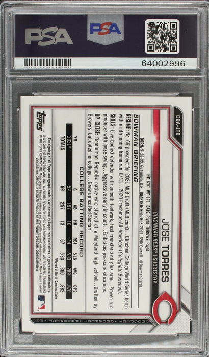 Jose Torres 2021 Bowman Chrome Draft Gold AUTO /50 Refractor Mint PSA 9