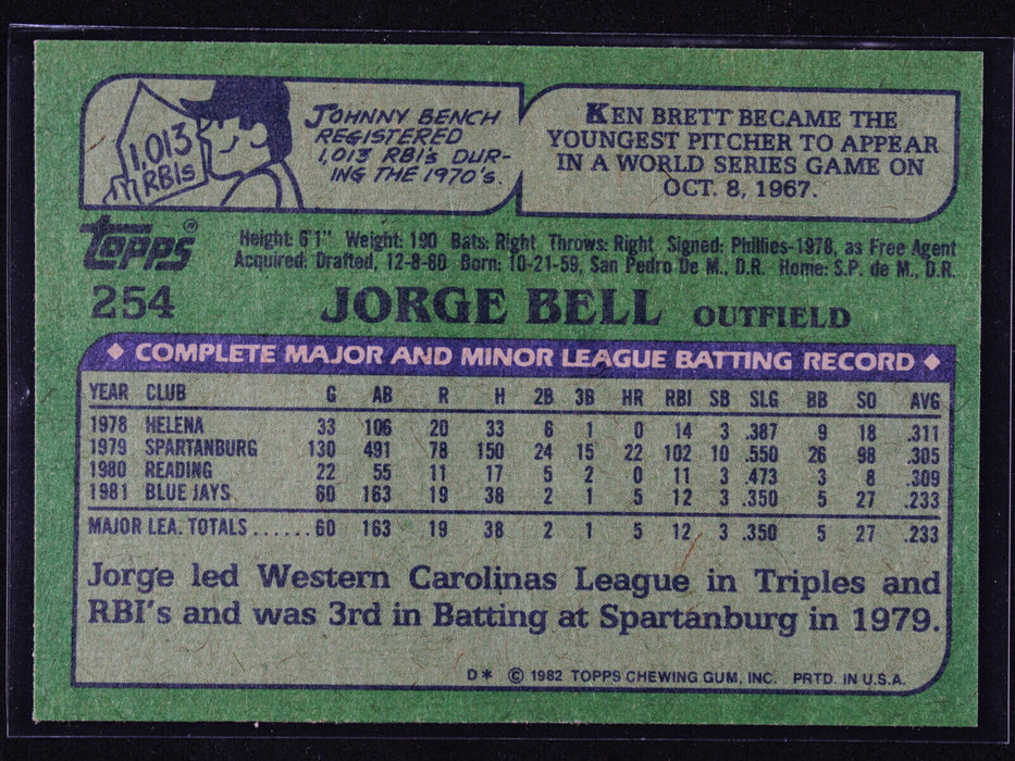 1982 Topps Jorge Bell Rookie  #254   MT