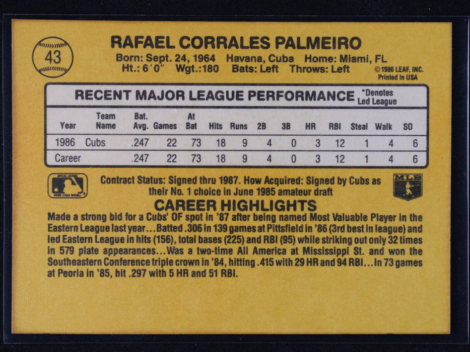 1987 Donruss - Rafael Palmeiro #43 Rookie Chicago Cubs