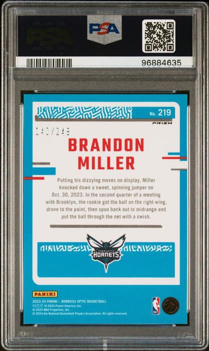 2023-24 Donruss Optic Brandon Miller Rated Rookie RC #219 Aqua /249 PSA 9