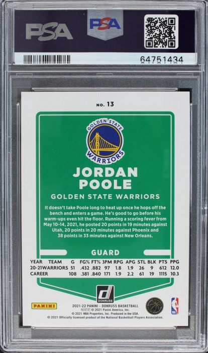 2021 Donruss Jordan Poole #13 Gold Choice /10 PSA 9