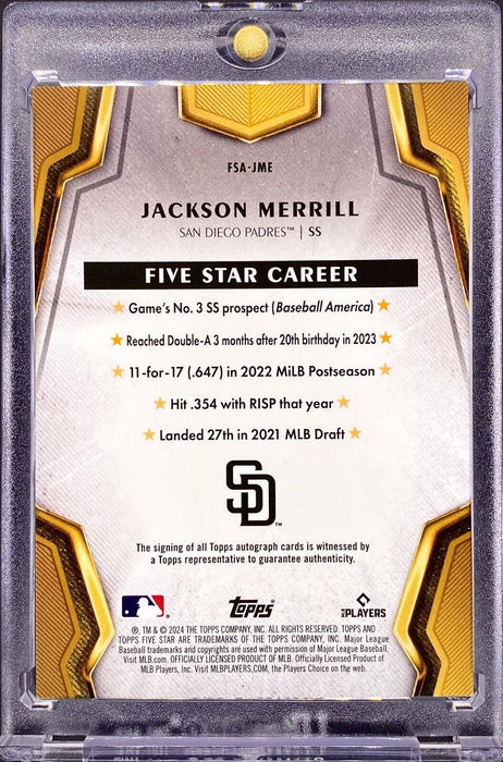 Jackson Merrill RARE #/50 ROOKIE PURPLE GOLD AUTOGRAPHED CARD SSP PADRES