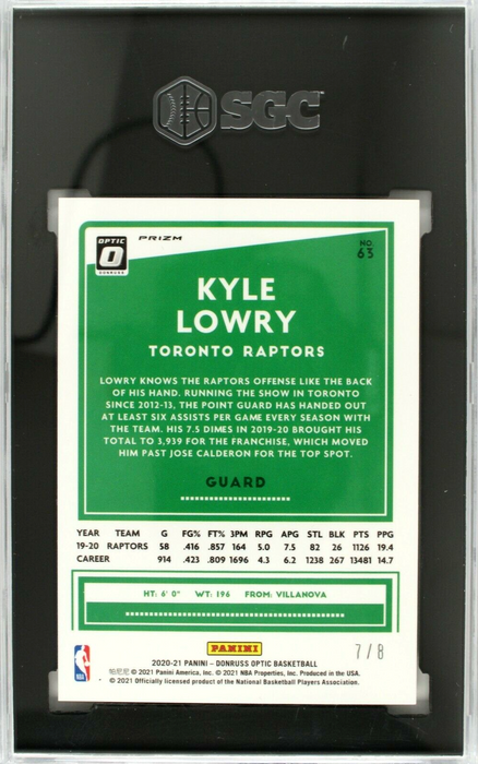 2020 Donruss Optic Kyle Lowry Black Gold Prizm Jersey # 7/8 SGC 9.5