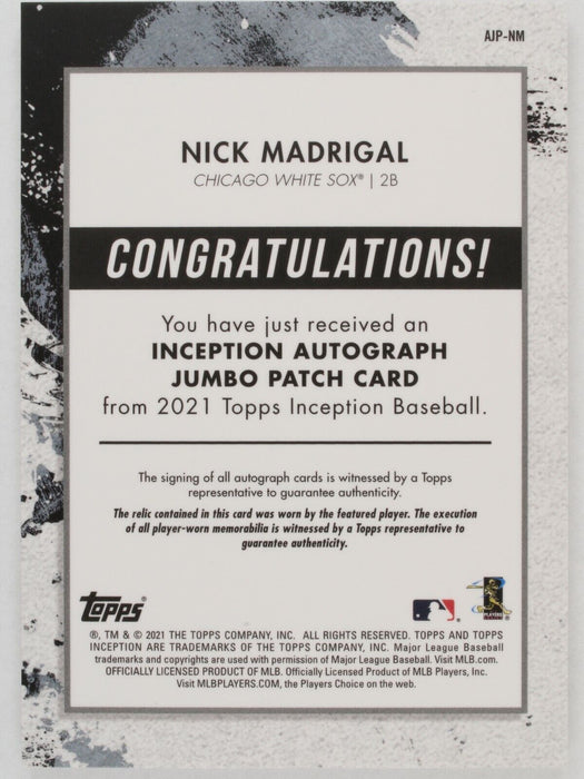 2021 Topps Inception Nick Madrigal Jumbo Patch Auto #AJP-NM /25 RC White Sox