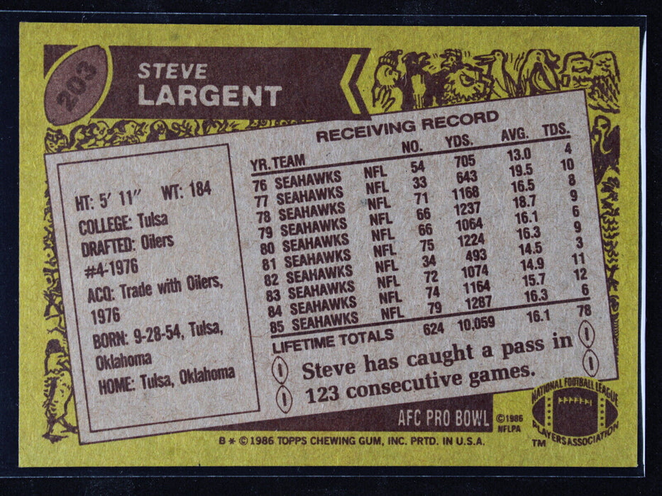 1986 Topps - Steve Largent #203  Seattle Seahawks