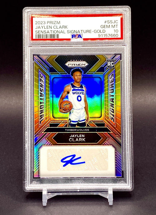 Jaylen Clark ROOKIE GOLD #/10 AUTO REFRACTOR PRIZM TIMBERWOLVES PSA GEM MINT 10